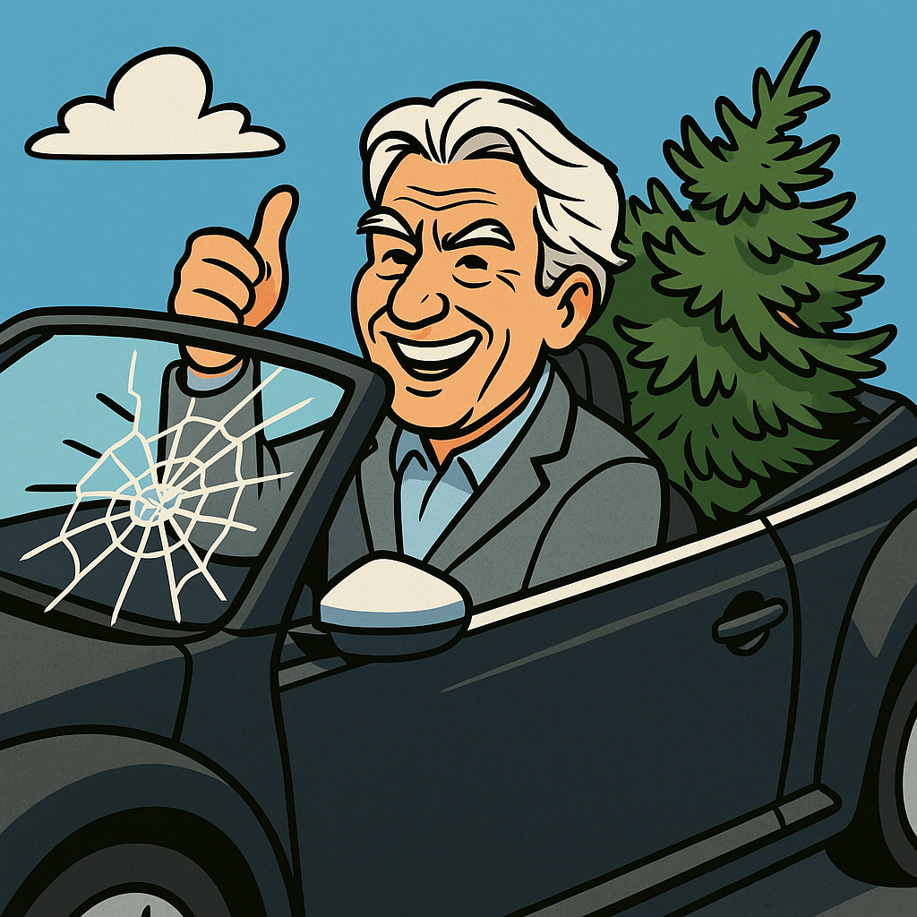 Dr. Thomas Schulte kauft mit seinem Beetle Cabrio einen Weihnachtsbaum