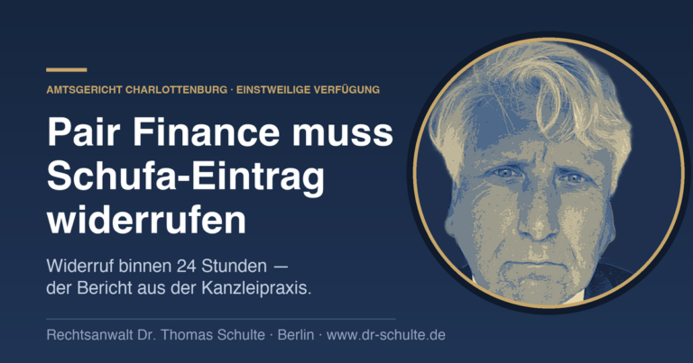Rechtsanwalt Dr. Thomas Schulte (stilisiertes Porträt) — Pair Finance muss Schufa-Eintrag nach einstweiliger Verfügung widerrufen